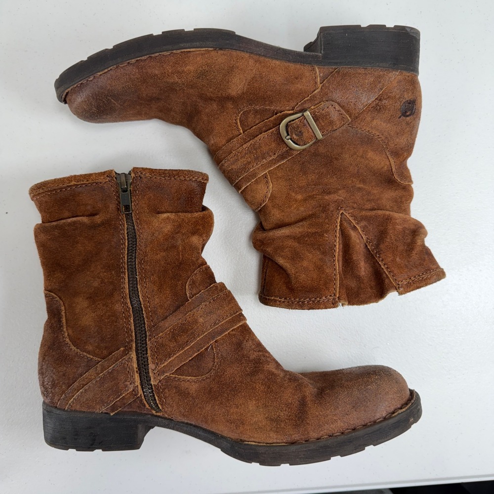 Born 8 Virgo Ankle Boots Brown Suede Slouchy Distressed Buckle Moto Rustic Fall - Picture 2 of 10